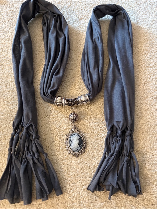 Accessories - Gray Cameo Pendant Scarf Necklace - Women's Fashion Jewelry
